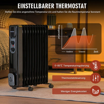 Alyvu užpildytas radiatorinis šildytuvas 2500 W, 3 šilumos nustatymai, juodas