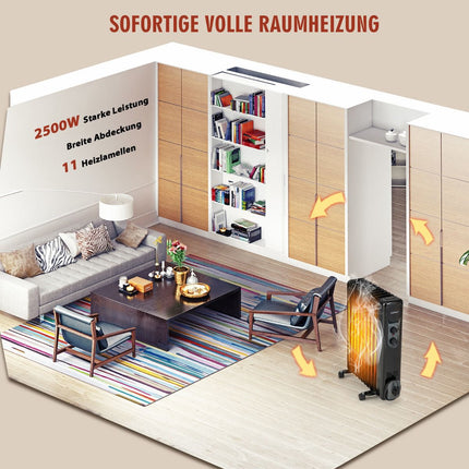Alyvu užpildytas radiatorinis šildytuvas 2500 W, 3 šilumos nustatymai, juodas