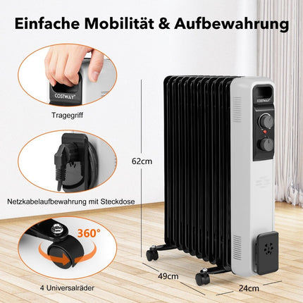Oil-filled radiator electric heater with 3 heating levels 49 x 24 x 62 cm black