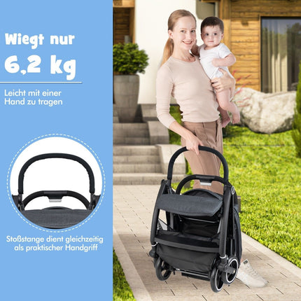 Sulankstomas viena ranka valdomas vežimėlis su reguliuojamu atlošu ir stogeliu, kelioninis vežimėlis, pilkas