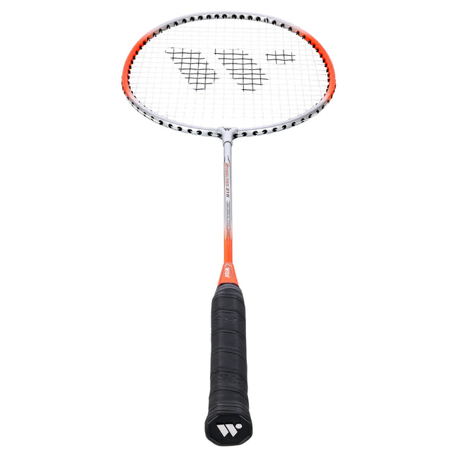 Oranžinė badmintono raketė - lengva, patvari konstrukcija