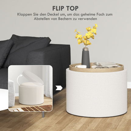 Round ottoman stool with storage, linen look, cream