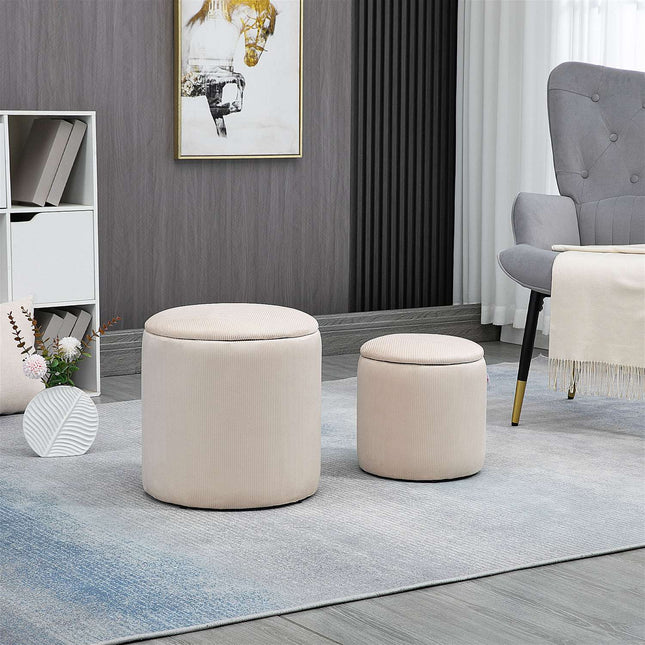 Ottoman Set of 2 with Storage, Corduroy Fabric, Cream