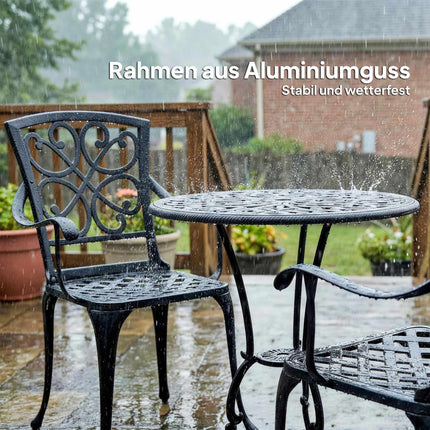 Lauko bistro baldų komplektas, lieto aliuminio, stalas ir 2 kėdės, juodas