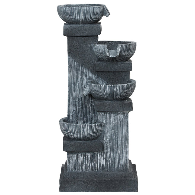 Lauko fontanas, pagamintas iš dervos, keturių pakopų sodo fontanas su LED apšvietimo pompa, akmens imitacijos dekoratyvinis baseino fontanas, vandens elementas sodo terasai, 38 x 36 x 85 cm, pilkas