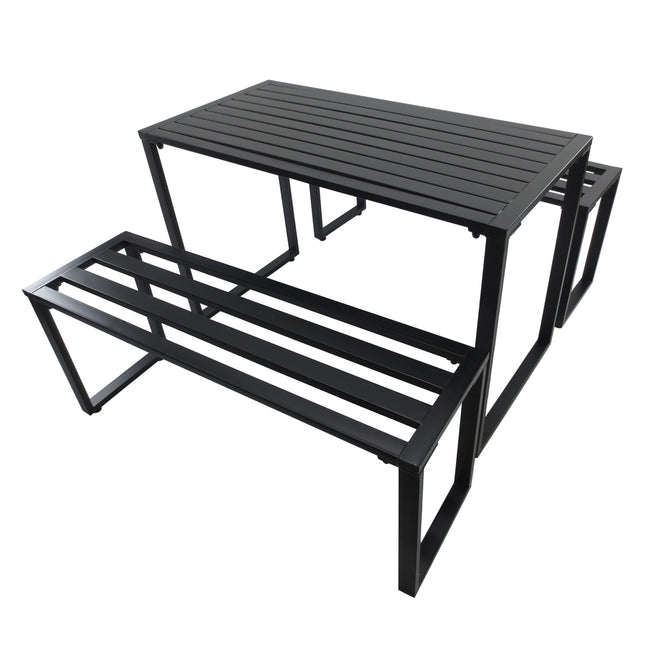 Lauko baldų komplektas, šventinis, 3 dalių, sėdima dalis, sodo baldų komplektas, 1 x stalas, 2 x suoliukai, metalinis, juodas, 110 x 55 x 70 cm