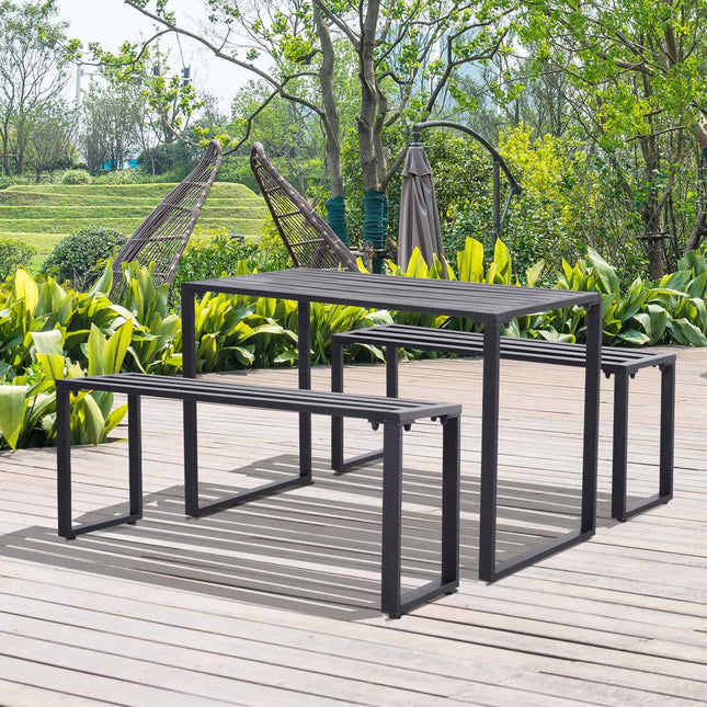 Lauko baldų komplektas, šventinis, 3 dalių, sėdima dalis, sodo baldų komplektas, 1 x stalas, 2 x suoliukai, metalinis, juodas, 110 x 55 x 70 cm