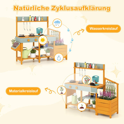 Lauko vaikų purvo virtuvė su kriaukle ir vazonu