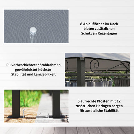 Lauko paviljonas su užuolaidomis, ventiliuojamas stogas, tamsiai pilkas