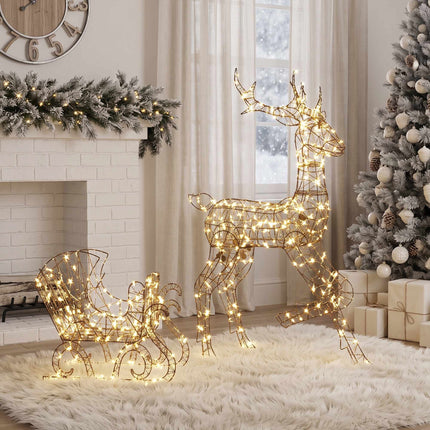 Outdoor Reindeer and Sleigh Christmas Lights, 2 Pieces, 175 LEDs, 8 Modes, Timer