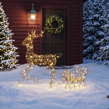 Outdoor Reindeer and Sleigh Christmas Lights, 2 Pieces, 175 LEDs, 8 Modes, Timer