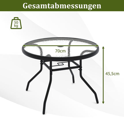 Lauko apvalus stiklinis stalas su skėčio skylute, 70 cm