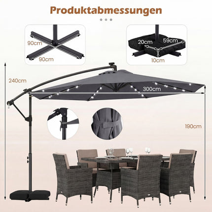 Lauko saulės energija varomas LED skėtis, 360° besisukantis, pilkas, 300x240 cm