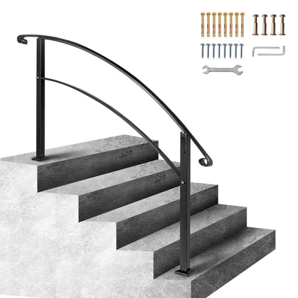 Outdoor Stair Handrail, 5-Step Adjustable Wrought Iron, Black