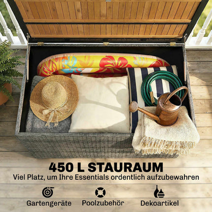 Lauko daiktadėžė 450 l, vandeniui atspari rotango, medinis dangtis