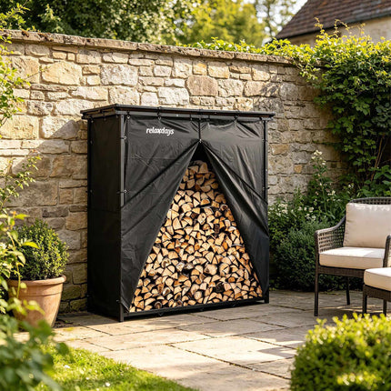 Outdoor XXL Firewood Rack with Roof and Protective Cover, Steel, Black
