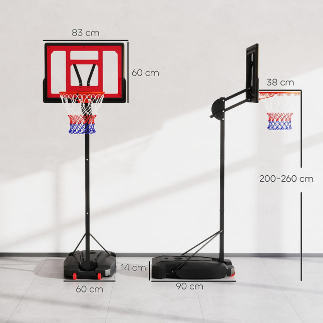 Lauko krepšinio lankas vaikams, 200-260 cm, reguliuojamo aukščio krepšinio stovas su ratukais, svorio krepšys, krepšinio sistema su stovu vaikams nuo 6 metų, raudona