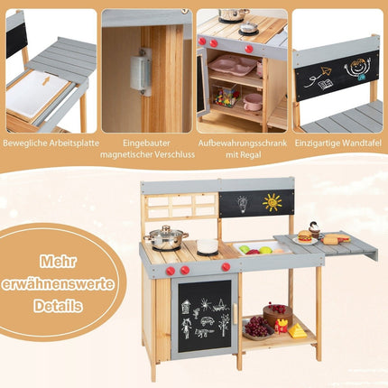Lauko vaikų purvo virtuvės komplektas, medinė žaidimų virtuvėlė, 89 x 45 x 90 cm, natūrali + pilka