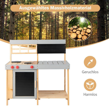 Lauko vaikų purvo virtuvės komplektas, medinė žaidimų virtuvėlė, 89 x 45 x 90 cm, natūrali + pilka