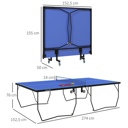 Lauko stalo teniso stalas, sulankstomas stalo teniso stalas su tinklu, ratukais, 2 stalo teniso lazdomis, 3 kamuoliukais, plienas, mėlynas, 274x152,5x76 cm