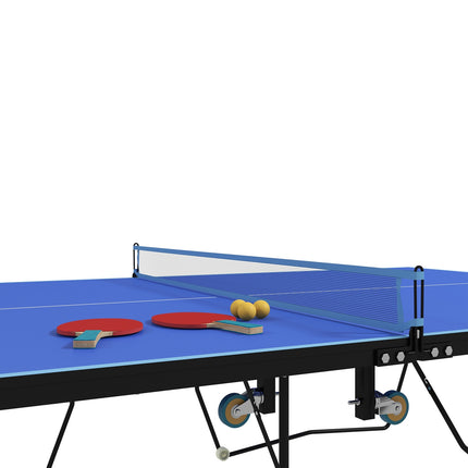 Lauko stalo teniso stalas, sulankstomas stalo teniso stalas su tinklu, ratukais, 2 stalo teniso lazdomis, 3 kamuoliukais, plienas, mėlynas, 274x152,5x76 cm