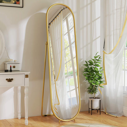 Ovalus viso ilgio veidrodis, laisvai stovintis metalinis rėmas, aukso spalvos, 50x180 cm