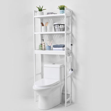 Over-The-Toilet Storage Rack, 3-Tier Bamboo, White, 3 Hooks