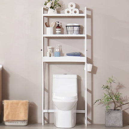 Over-The-Toilet Storage Rack, 3-Tier Bamboo, White, 3 Hooks