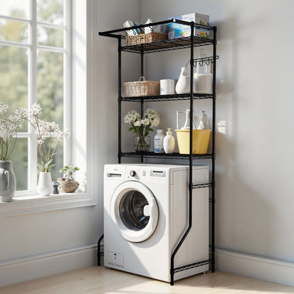Over Washer and Dryer Storage Shelf, 3-Tier Rod, Hooks