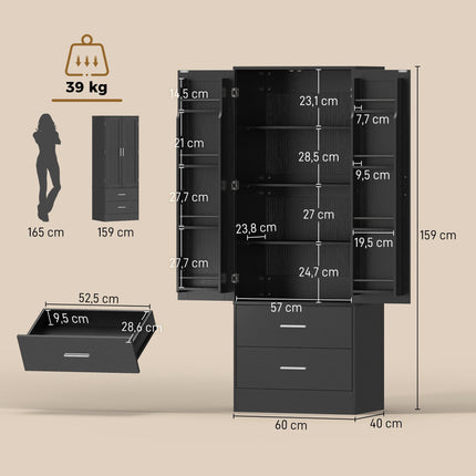 Pantry Cabinet 159 cm with 8 Door Shelves and 2 Drawers, Black, Shaker Doors