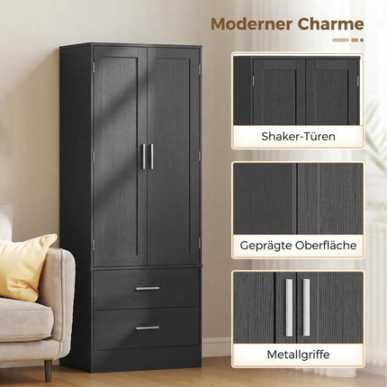 Pantry Cabinet 159 cm with 8 Door Shelves and 2 Drawers, Black, Shaker Doors
