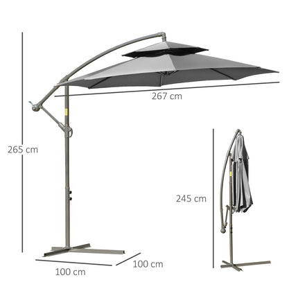 Skėtis nuo saulės, Ø2,67 x 2,45 m, alkūninis skėtis su dvigubu stogu, kryžminiu pagrindu, plienas, lauko apsauga nuo saulės, poliesteris, plienas, šviesiai pilka