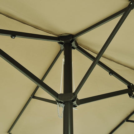„Parasol Market“ skėtis, dvigubas skėtis su rankiniu sukimo rankena, šviesus, kavos spalvos, ovalus, 460 x 270 x 240 cm