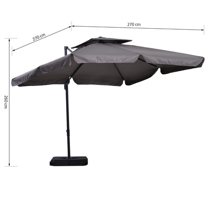 Skėtis nuo saulės, Uv50+ konsolinis skėtis, „Roma“ skėtis su stovu ir 4 svarmenimis, įskaitant apsauginį dangtelį, aliuminis, 270 x 270 x 260 cm