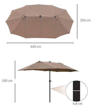 Skėtis nuo saulės su LED dvigubu skėčiu, 440 x 260 cm, sodo skėtis, terasos skėtis, didelis ovalus, su rankiniu švaistikliu ir metaliniu rėmu chaki spalvos