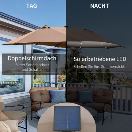 Skėtis nuo saulės su LED dvigubu skėčiu, 440 x 260 cm, sodo skėtis, terasos skėtis, didelis ovalus, su rankiniu švaistikliu ir metaliniu rėmu chaki spalvos