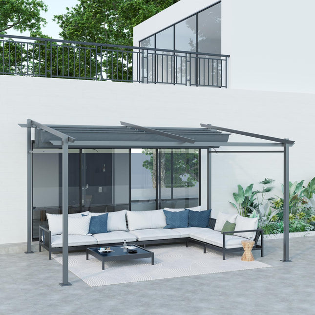 Kiemo stogo pergola, maždaug 4x3 m, sodo paviljonas su aliuminiu, tvirtinamas prie sienos, sodo paviljonas su reguliuojamu stogu, apsauga nuo UV spindulių, apsauga nuo saulės terasai ir sodui, tamsiai pilka
