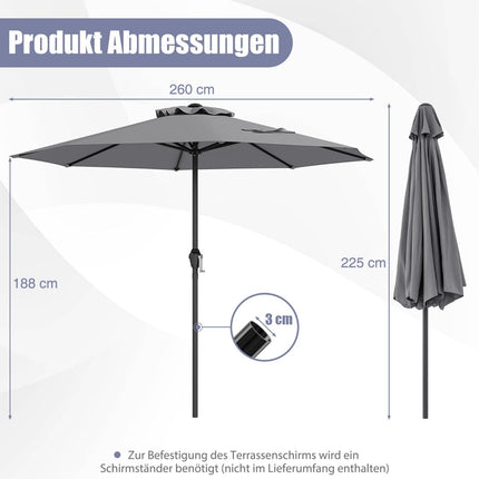 Terasos skėtis 250 cm su alkūne, 8 briaunomis, pilkas