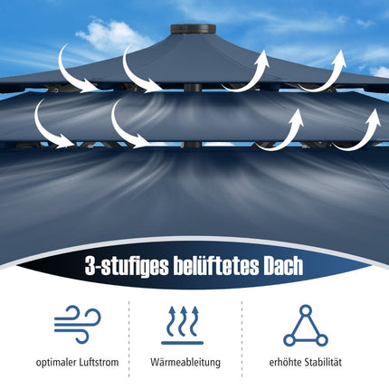 Terasos skėtis, 3 pakopų, saulės energija varomas LED, pakreipiamas, tamsiai mėlynas