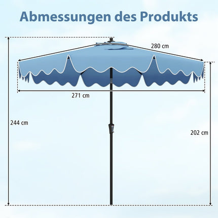Terasos skėtis su alkūne, pakreipimu ir ventiliacija, 280 cm, mėlynas