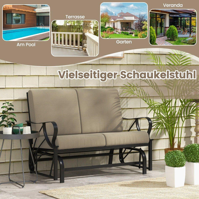 Patio bench with cushions sprayed metal frame curved armrests ergonomic design brown