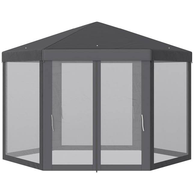 Sodo paviljonas su tinkleliu nuo uodų, vakarėlių palapinė, sodo palapinė, šventinė palapinė, šešiakampė, poliesteris + metalas, pilka, 394 x 341,2 x 250 cm