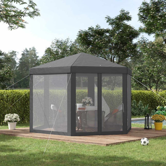 Sodo paviljonas su tinkleliu nuo uodų, vakarėlių palapinė, sodo palapinė, šventinė palapinė, šešiakampė, poliesteris + metalas, pilka, 394 x 341,2 x 250 cm