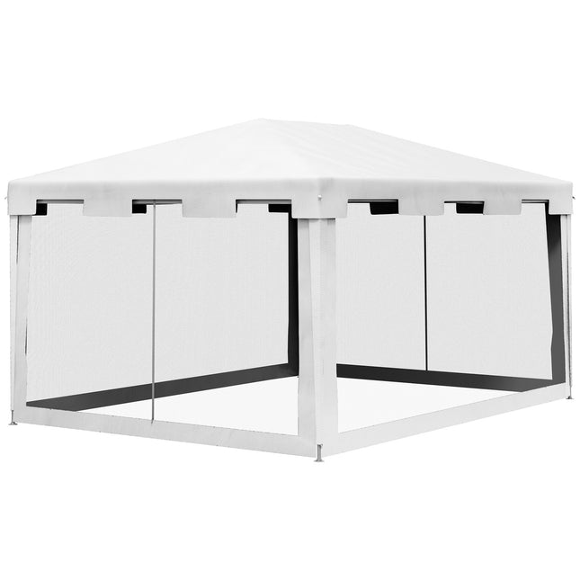 Paviljono pobūvių palapinė, maždaug 4 x 3 m, sodo paviljono, sodo palapinės, su tinklinėmis šoninėmis sienomis balkonui, terasai, metalinė, PE, balta