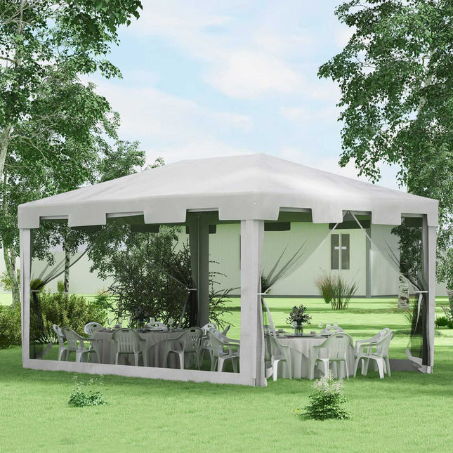 Paviljono pobūvių palapinė, maždaug 4 x 3 m, sodo paviljono, sodo palapinės, su tinklinėmis šoninėmis sienomis balkonui, terasai, metalinė, PE, balta