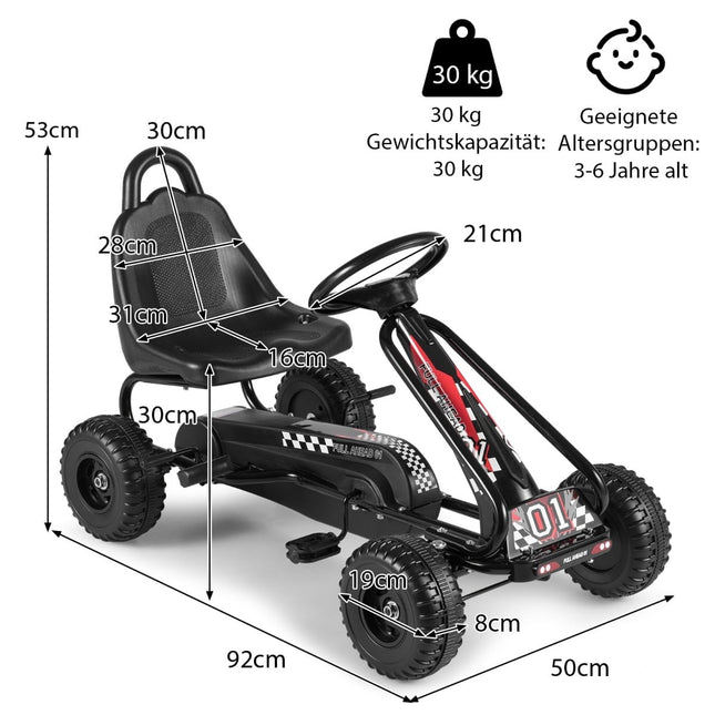 Vaikiškas kartingas su pedalais, reguliuojama sėdyne, rankiniu stabdžiu, juodas