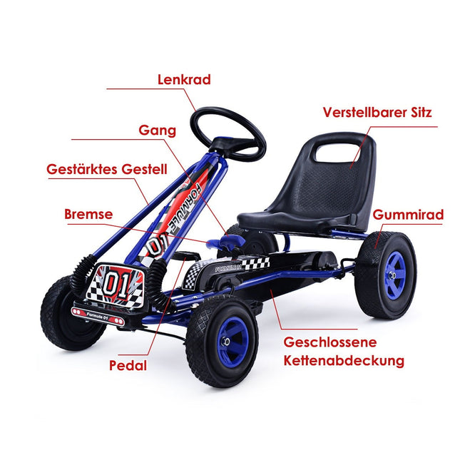 Pedal Gokart lenktyninis vaikiškas automobilis su pedalais, transporto priemonė, pedalų automobilis, Gokart, išorinė sėdynė, mėlyna