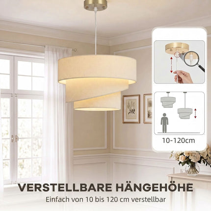 Pendant Light with 3 Tiered Linen-Look Shades, Height Adjustable, Beige