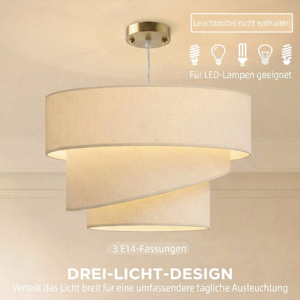 Pendant Light with 3 Tiered Linen-Look Shades, Height Adjustable, Beige