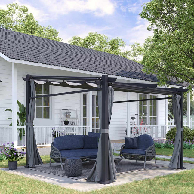 Pergola 2,97x2,95 m vandeniui atspari pavėsinė su stogeliu nuo saulės ir šoninėmis panelėmis, poliesteris, tamsiai pilka